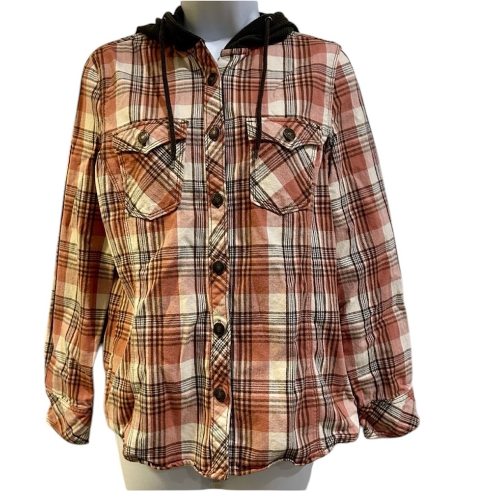 Legacy Falls For Her Dusty Orange Plaid Button Down Top With Knit Hood Small